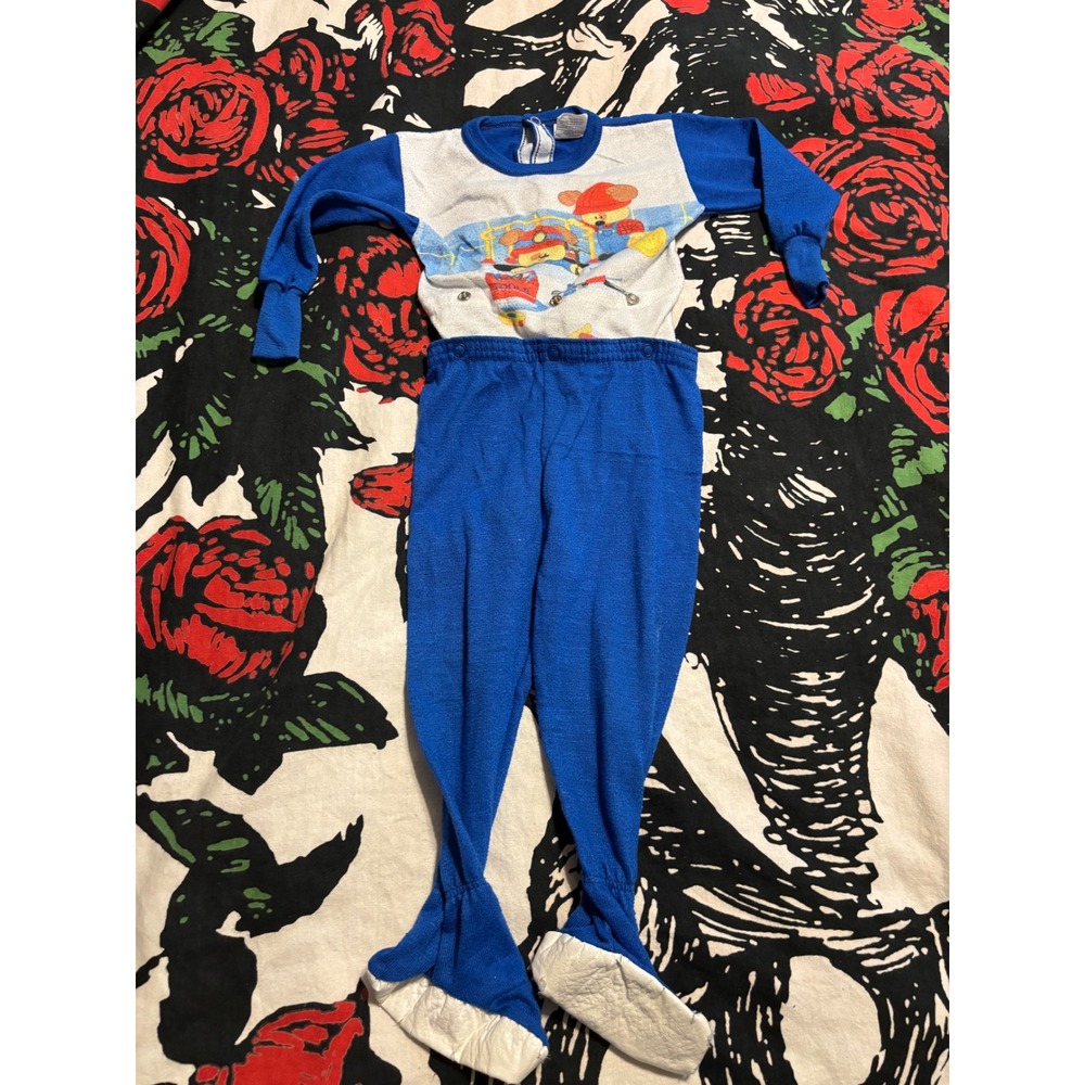 Vintage Dr Denton 2T Blue Construction Bear Snap Together Footed Pajama Set